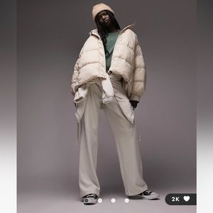 Topshop mid length swing hem hooded puffer jacket in stone